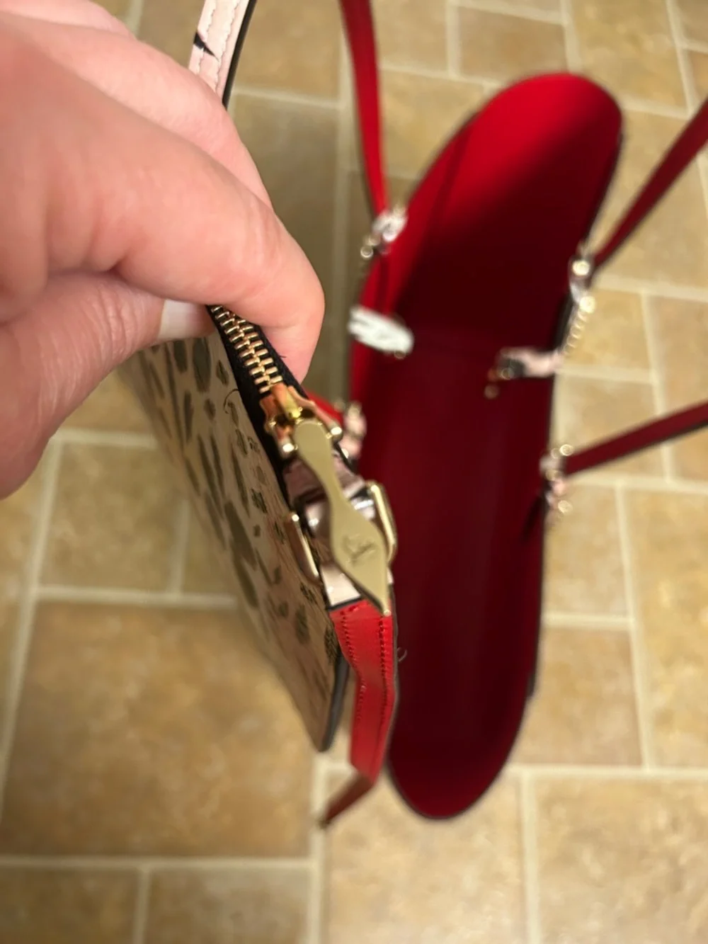 Christian Louboutin Cabata Beige Cheetah Leather Tote Matching Pouch Dust Bag
